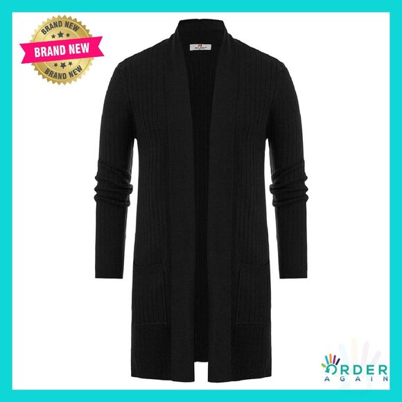 Men's Shawl Collar Cardigan Ribbed Knit Sweater Open Front Longline